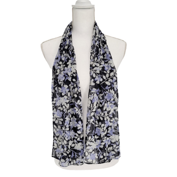 Sheer Chiffon Rectangle Scarf Navy Blue Floral - Picture 4 of 6